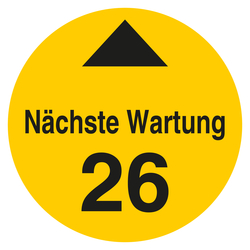 Pr&uuml;fplakette N&auml;chste Wartung mit Pfeil und Jahreszahl (zweistellig) Gelb