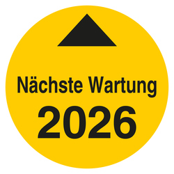 Pr&uuml;fplakette N&auml;chste Wartung mit Pfeil und Jahreszahl (vierstellig) Gelb