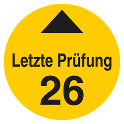 Pr&uuml;fplakette Letzte Pr&uuml;fung mit Pfeil und Jahreszahl (zweistellig) Gelb