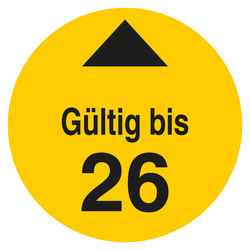 Pr&uuml;fplakette G&uuml;ltig bis mit Pfeil und Jahreszahl (zweistellig) Gelb