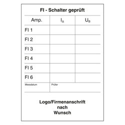 Pr&uuml;fnachweis FI - Schalter gepr&uuml;ft mit Logo und Firmendaten