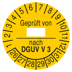 Pr&uuml;fplakette Gepr&uuml;ft von nach DGUV V 3 Gelb