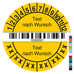 Mehrjahrespr&uuml;fplakette mit Wunschtext, Barcode und fortlaufender Nummerierung rund f&uuml;r 6 Jahre