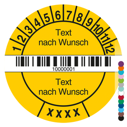 Jahrespr&uuml;fplakette mit Wunschtext, Barcode und fortlaufender Nummerierung rund mit Jahreszahl