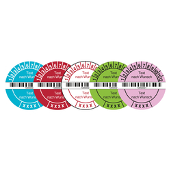Jahrespr&uuml;fplakette mit Wunschtext, Barcode und fortlaufender Nummerierung rund mit Jahreszahl