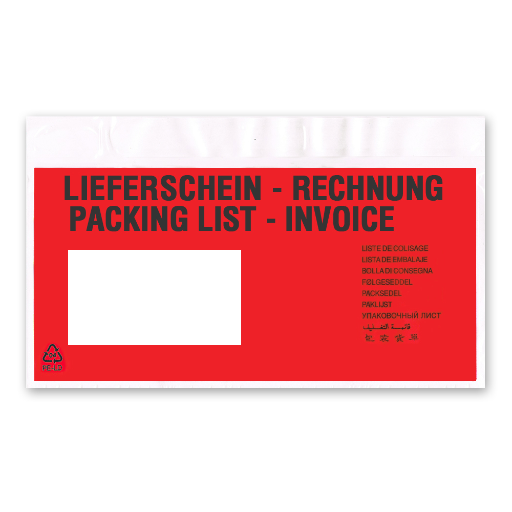 Produktbild von Debatin Begleitpapiertasche DIN-lang – 4x 250 Stück, Selbstklebend, Transparent, Mit Lieferschein/Rechnung-Druck, Im Spenderkarton