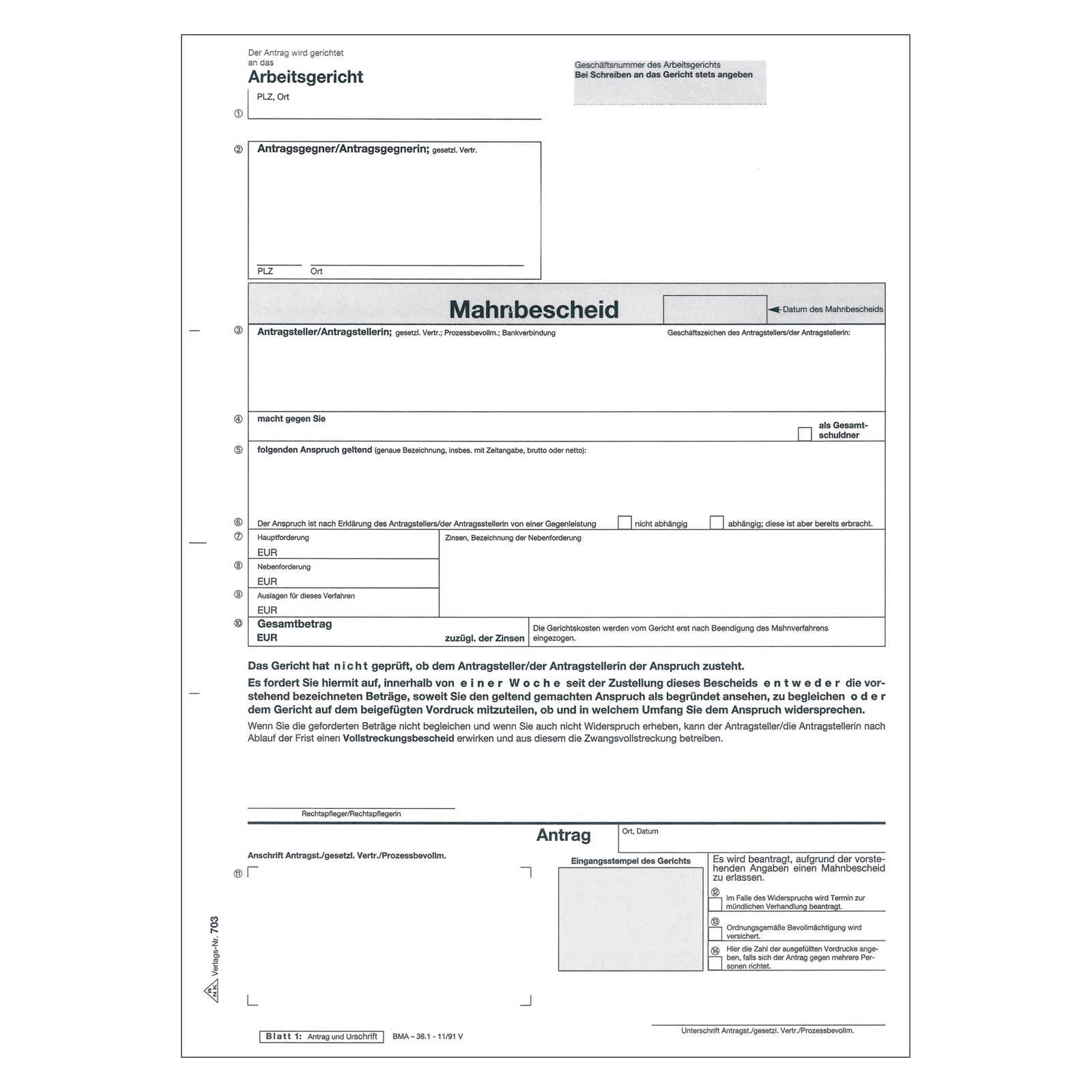 Mahnbescheid für das Arbeitsgericht A4, 25 Stück - Aufkleber-Shop
