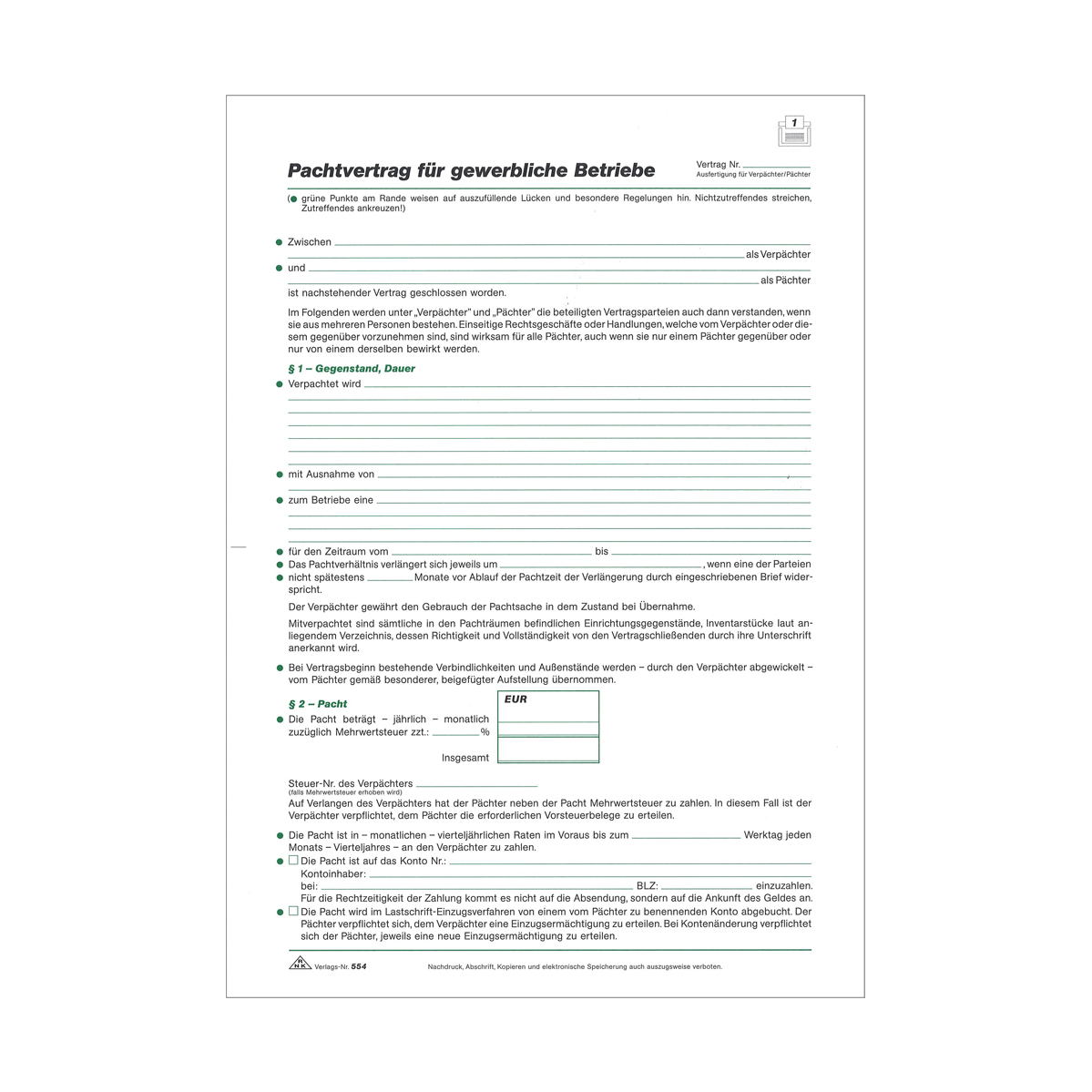 Pachtvertrag für gewerbliche Betriebe - Aufkleber-Shop
