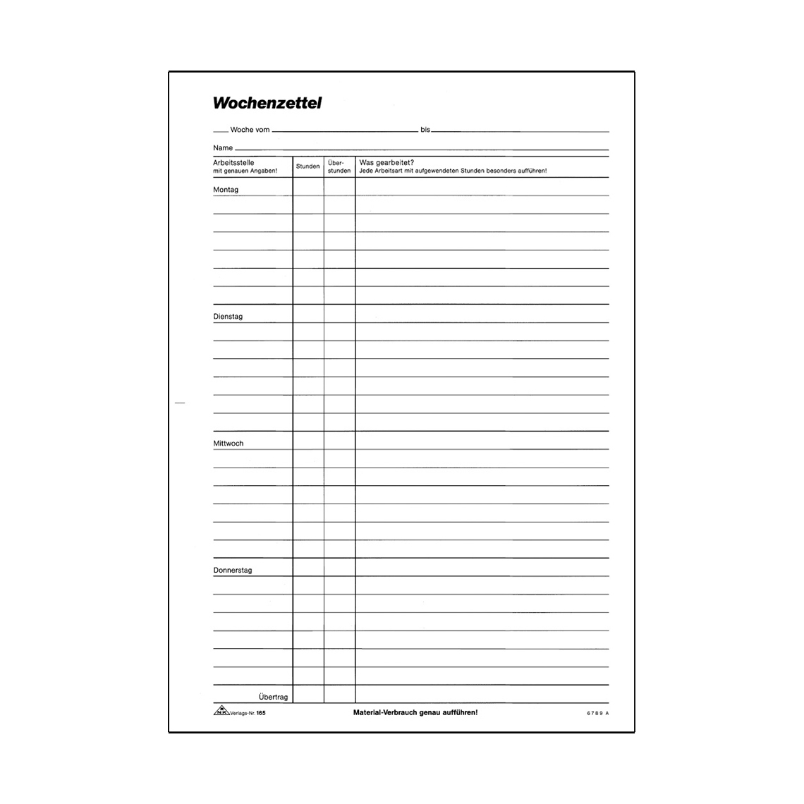 Wochenzettel Rapport Wochenlohn-Block DIN A4 mit Wochentagen ...