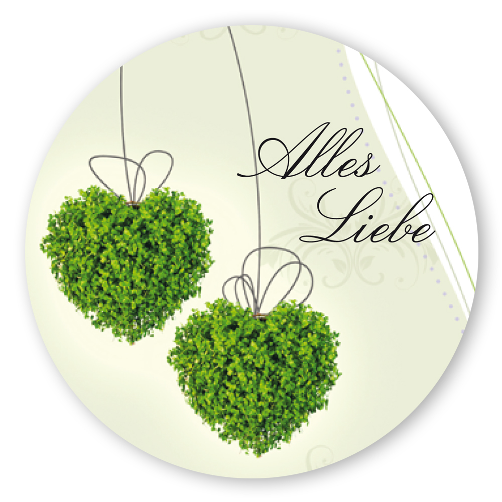 Geschenk-Aufkleber "Alles Liebe" grüne Herzen, rund Ø 30mm glänzend