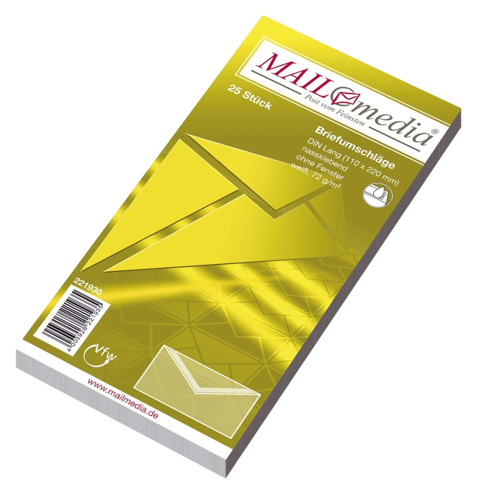25 Briefumschläge DIN Lang Gelb – Haftklebend, 80 G/m², Ohne Fenster (110x220 Mm)