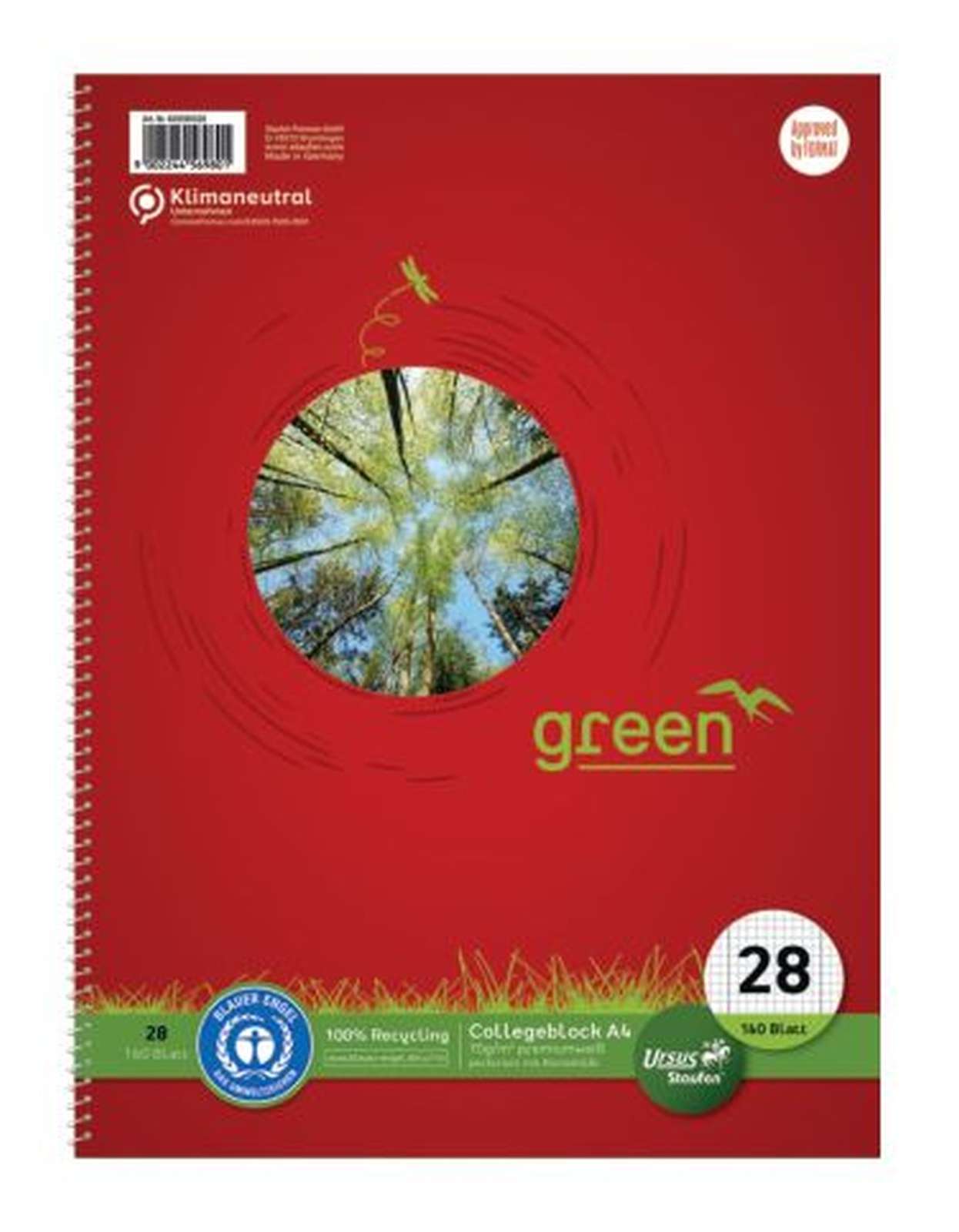 Ursus Green Collegeblock A5 160 Blatt 70g qm 5 Mm Kariert 
