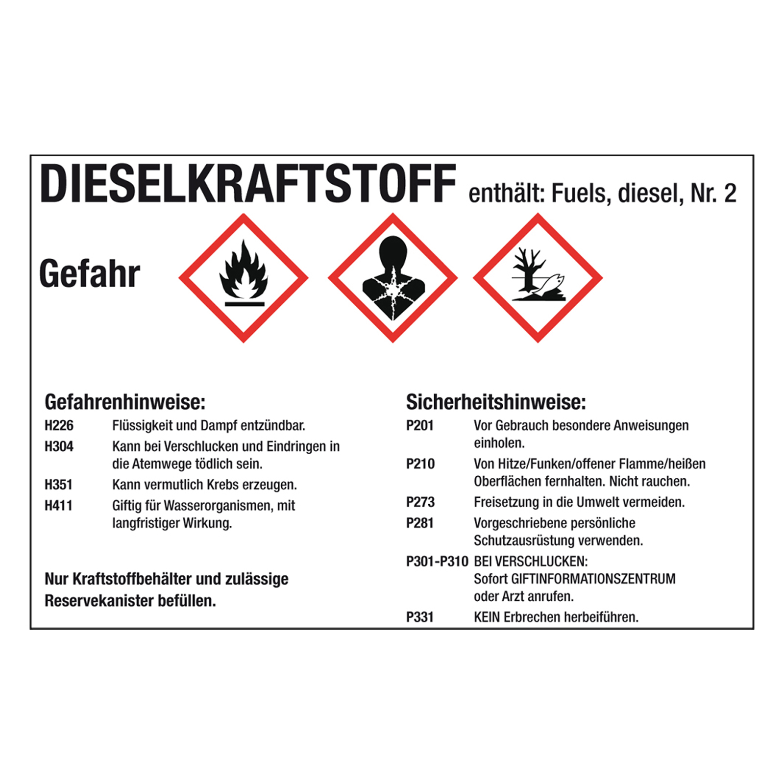 GHS-Kraftstoffetikett Dieselkraftstoff mit Stoffangabe 105 x 74 mm für Zapfsäulen, Kanister und ...