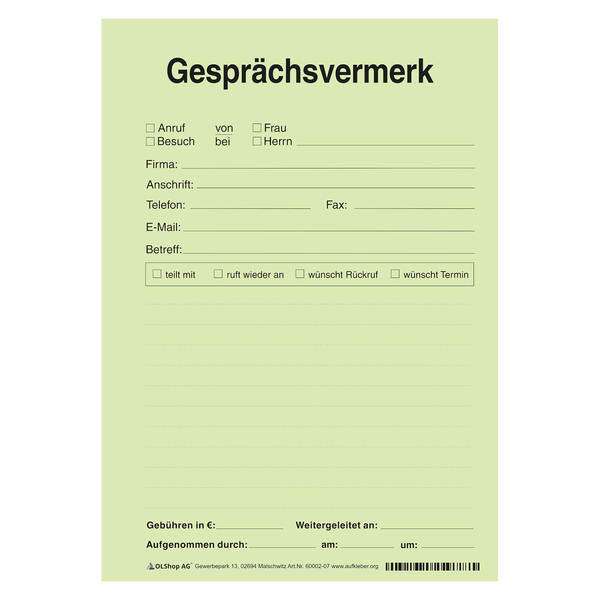 Gesprächsvermerk DIN A5 grün