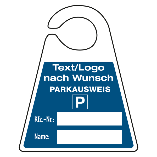 Parkausweis Kfz-Nr.: + Name: mit Eindruck Text / Logo Kunststoff 130 x  160 mm, 10 Stück/Pack - Aufkleber-Shop