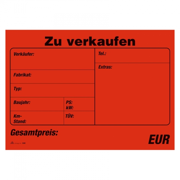 Rnk Verlag Plakat Zu Verkaufen Fur Kraftfahrzeuge Masse Bxh 340 11 09