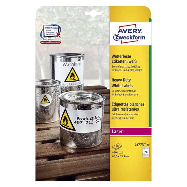 Étiquettes Extérieur Avery Zweckform – A4, 192 Étiquettes – Résistantes Aux Intempéries, Huile, UV – 63.5 X 33.9 Mm