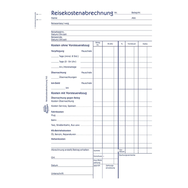 Avery Zweckform 743 Reisekostenabrechnung, DIN A5, für Abrechnung pro Reise, 50 Blatt, weiß