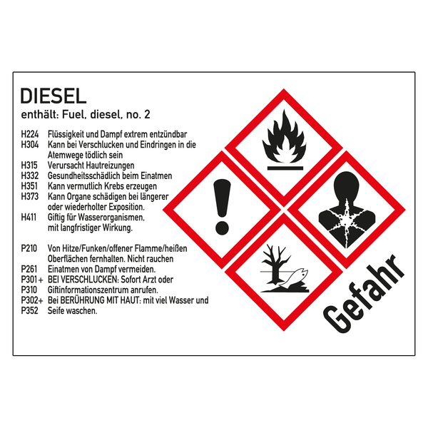 GHS-Kraftstoffetikett Diesel 105 x 74 mm für Zapfsäulen, Kanister und  Fässer - Aufkleber-Shop