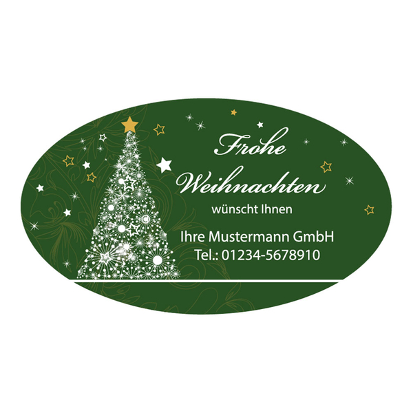 Weihnachtsaufkleber oval 60 x 35 mm Frohe Weihnachten mit Tannenbaum  500er Rolle mit Eindruck - Aufkleber-Shop