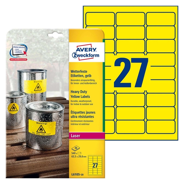 AVERY Zweckform Folien Etiketten 63,5 x 29,6 mm gelb 540 Etiketten 