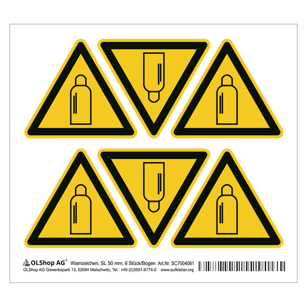 Schild Alu Warnung vor Gasflaschen ISO 7010 20 cm SL 
