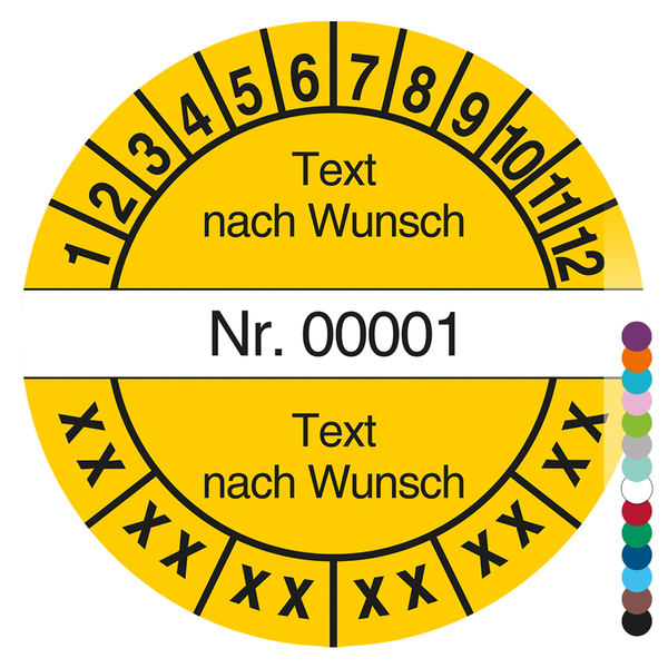 Mehrjahresprüfplakette mit Wunschtext und fortlaufender Nummerierung rund für 6 Jahre