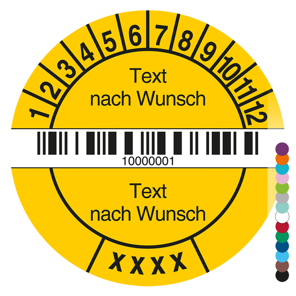 Jahresprüfplakette mit Wunschtext, Barcode und fortlaufender Nummerierung rund mit Jahreszahl