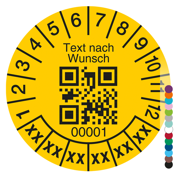 Mehrjahresprüfplakette mit Wunschtext, QR Code und fortlaufender Nummerierung rund für 6 Jahre