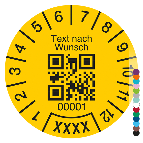 Jahresprüfplakette mit Wunschtext, QR Code und fortlaufender Nummerierung rund mit Jahreszahl