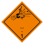 Gefahrzettel, Gefahrgutaufkleber Klasse 1 mit Eindruck Unterklasse und Verträglichkeitsgruppe, Folie, 100 x 100 mm, 500 Stück/Rolle
