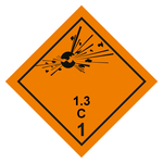 Gefahrzettel, Gefahrgutaufkleber Klasse 1.3 C Explosive Stoffe, Folie, 100 x 100 mm, 500 Stück/Rolle