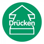 Türetikett Aufkleber "Drücken" grün mit Pfeil, Folie rund 75 mm