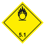 Gefahrzettel, Gefahrgutaufkleber Klasse 5.1 Entzündend (oxidierend) wirkende Stoffe, Flamme über einem Kreis Schwarz, in verschiedenen Größen und Materialien