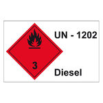 Gefahrzettel, Kombi-Aufkleber, Gefahrgutaufkleber Klasse 3 Entzündbare, flüssige Stoffe, UN 1202, Diesel, Folie, 100 x 63 mm, 100 Stück/Rolle