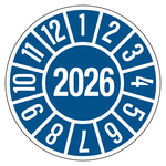 Jahresprüfplaketten blau Ø 35 mm Jahr 2026 aus PVC-Folie 10 Stück/Bogen