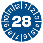 Jahresprüfplaketten blau Ø 10 mm Jahr 2028 aus Dokumentenfolie 10 Stück/Bogen