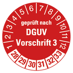 Pr&uuml;fplakette gepr&uuml;ft nach DGUV Vorschrift 3 2028 Rot Folie &Oslash; 15 mm 10 St&uuml;ck/Bogen
