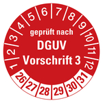 Prüfplaketten rot Ø 30 mm "geprüft nach DGUV Vorschrift 3" 2026 - 2031 aus PVC-Folie 10 Stück/Bogen