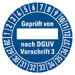 Prüfplaketten blau Ø 30 mm "Geprüft von ... nach DGUV Vorschrift 3" 2028 aus PVC-Folie 10 Stück/Bogen