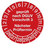 Prüfplaketten rot Ø 30 mm "geprüft nach DGUV Vorschrift 3 Nächster Prüftermin" 2026 10 Stück/Bogen