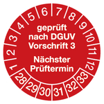 Prüfplaketten rot Ø 30 mm "geprüft nach DGUV Vorschrift 3 Nächster Prüftermin" 2028 10 Stück/Bogen