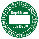 Pr&uuml;fplaketten gr&uuml;n &Oslash; 30 mm "Gepr&uuml;ft von nach DGUV" 2028 - 2037 aus PVC-Folie 10 St&uuml;ck/Bogen