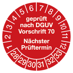 Pr&uuml;fplakette gepr&uuml;ft nach DGUV Vorschrift 70 N&auml;chster Pr&uuml;ftermin 2028 Rot Graspapier &Oslash; 30 mm 100 St&uuml;ck/Rolle