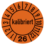Jahresprüfplaketten orange Ø 10 mm "kalibriert" Jahr 2026 aus PVC-Folie 10 Stück/Bogen