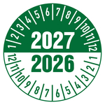 Pr&uuml;fplaketten wei&szlig;/gr&uuml;n &Oslash; 30 mm f&uuml;r die Jahre 2026/2027 aus Folie 10 St&uuml;ck/Bogen