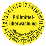Prüfplaketten gelb Ø 20 mm "Prüfmittelüberwachung Nächster Termin" 2026 - 2031 aus PVC-Folie 10 Stück/Bogen