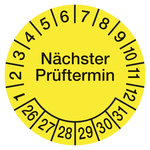 Prüfplaketten gelb Ø 30 mm "Nächster Prüftermin" 2026 - 2031 aus Dokumentenfolie 10 Stück/Bogen