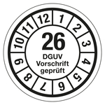 Jahresprüfplaketten weiß Ø 35 mm "DGUV Vorschrift geprüft" Jahr 2026 aus PVC-Folie 10 Stück/Bogen