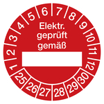 Prüfplaketten rot Ø 30 mm "Elektr. geprüft gemäß ... " aus PVC-Folie 10 Stück/Bogen